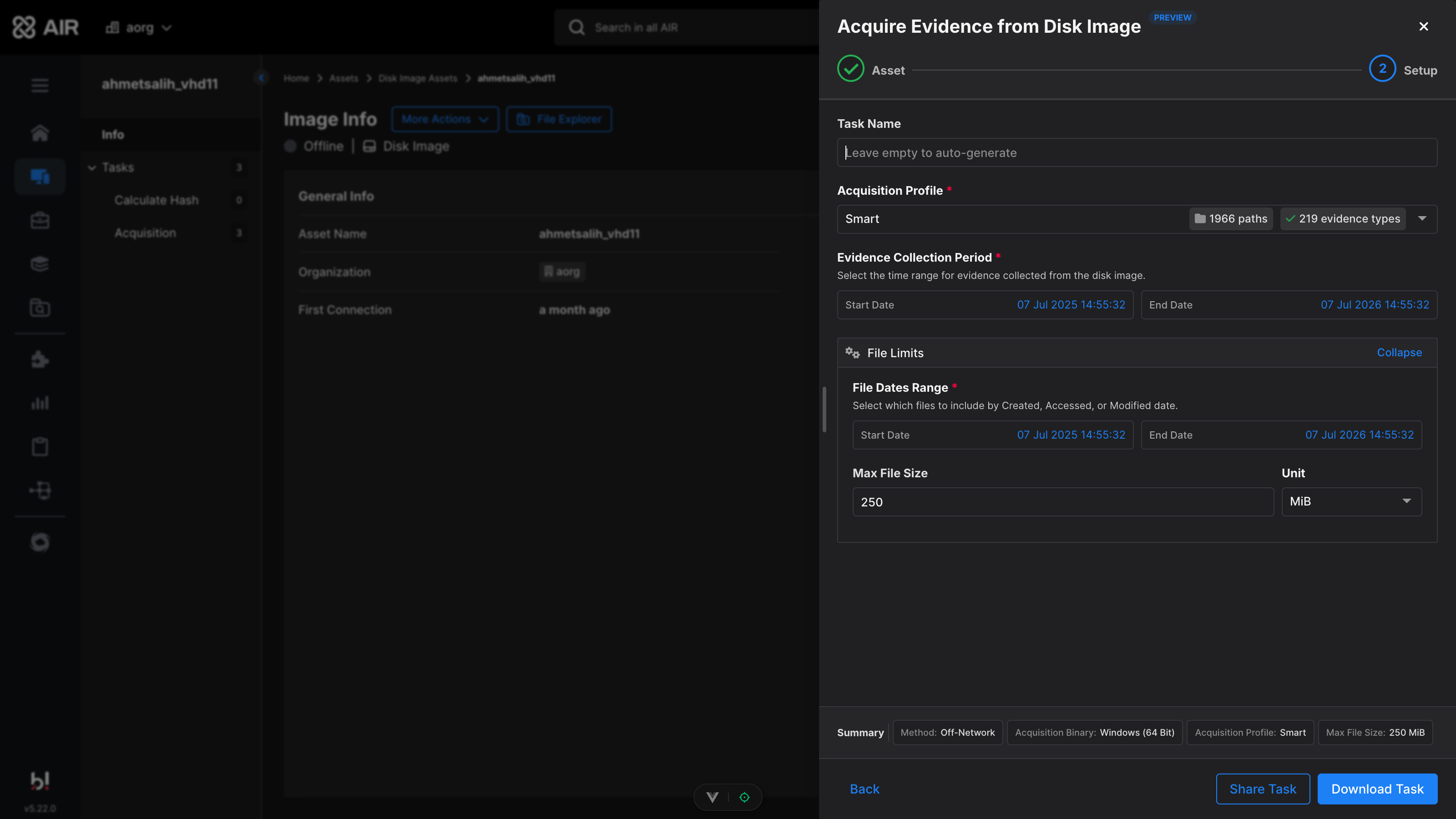 Setup step for off-network acquisition with Share Task and Download Task buttons